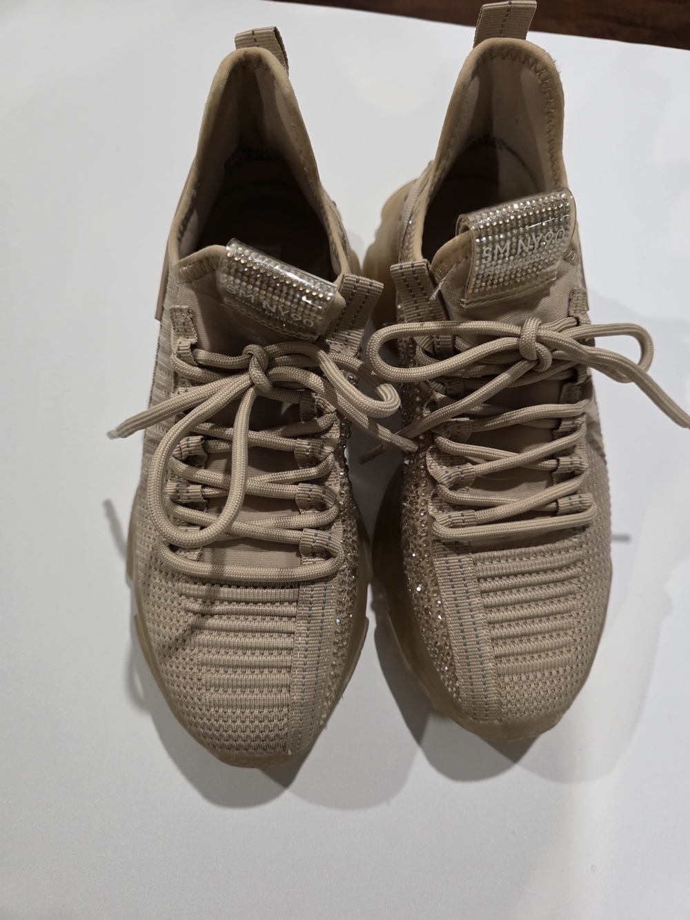 Steve Madden Beige Knit Lace-Up Sneakers with Crystal Trim